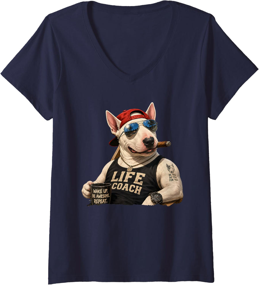 Women's Bull Terrier s Funny Dog Dad Motivation V-Neck T-Shirt - Navy Blue