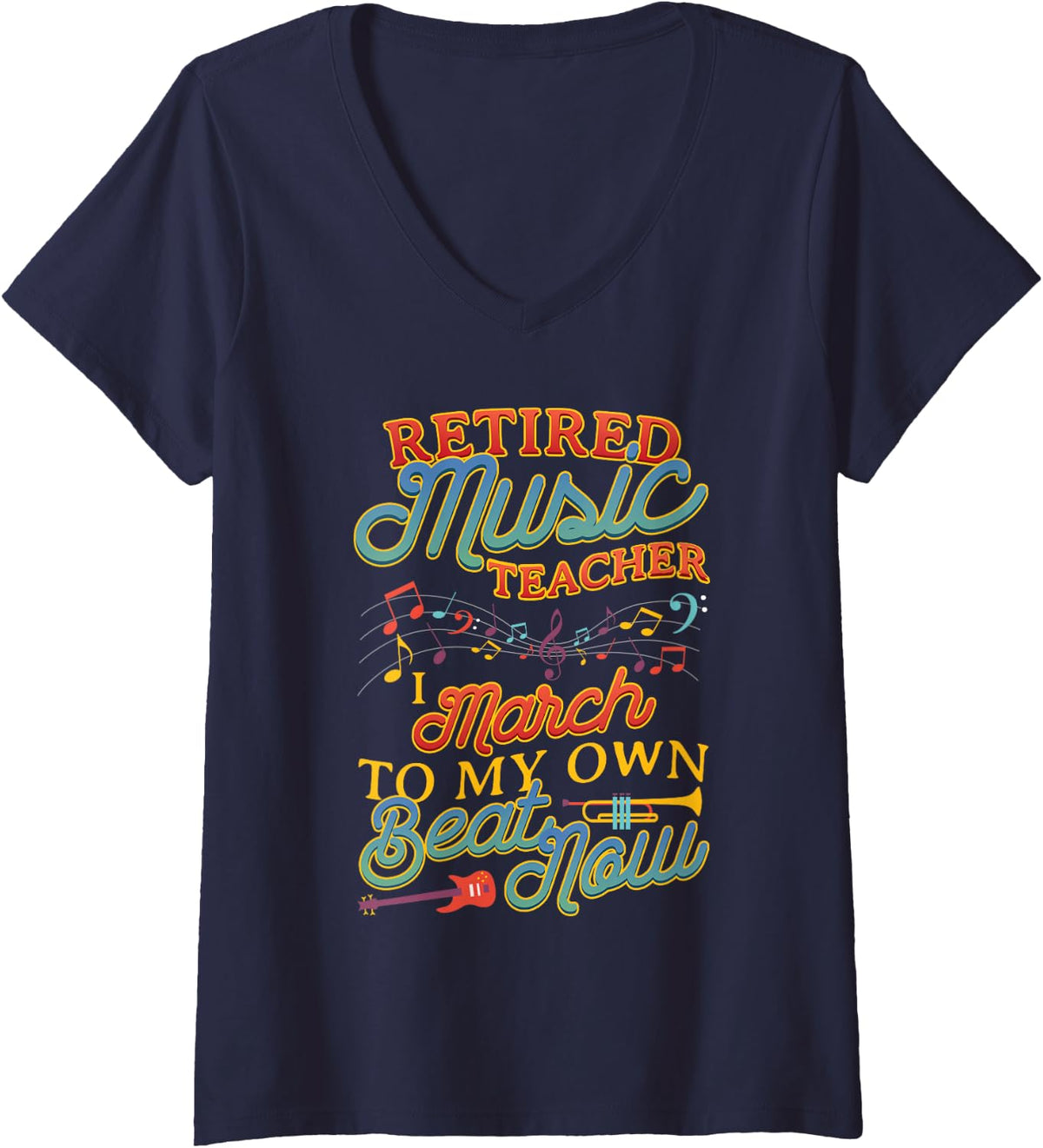 Women's Retired Music Teacher Retirement Music Educator Humor V-Neck T-Shirt - Navy Blue