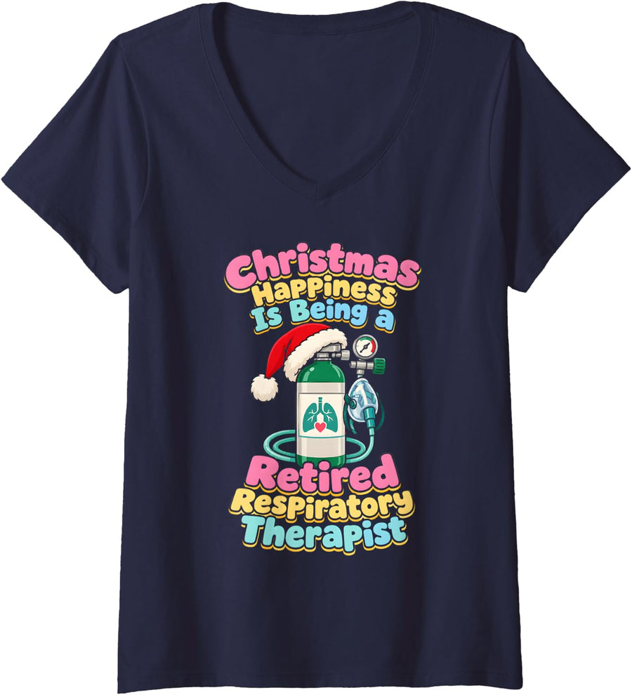 Women's Respiratory Therapist Christmas Retired Happiness Santa Hat V-Neck T-Shirt - Navy Blue