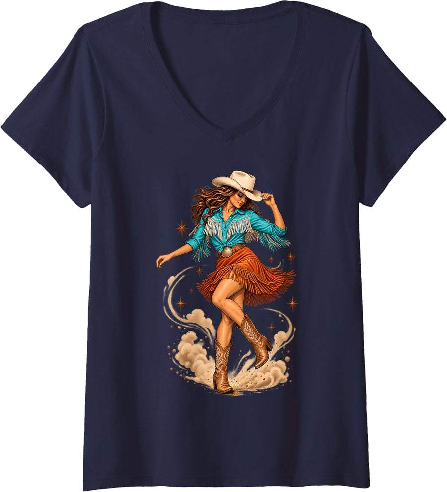 Women's Cowgirl Line Dance Western Dance Country Boots V-Neck T-Shirt - Navy Blue