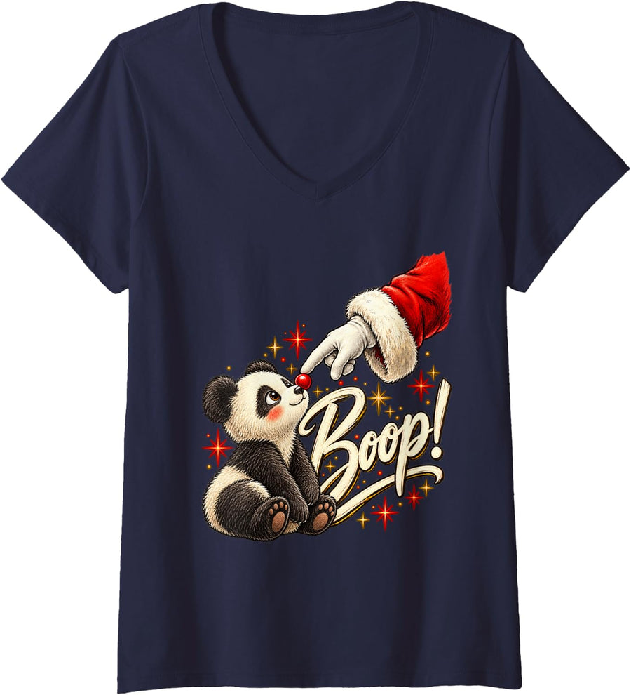 Women's Boop! Panda Happy Santa Christmas Red Nose Men Women V-Neck T-Shirt - Navy Blue