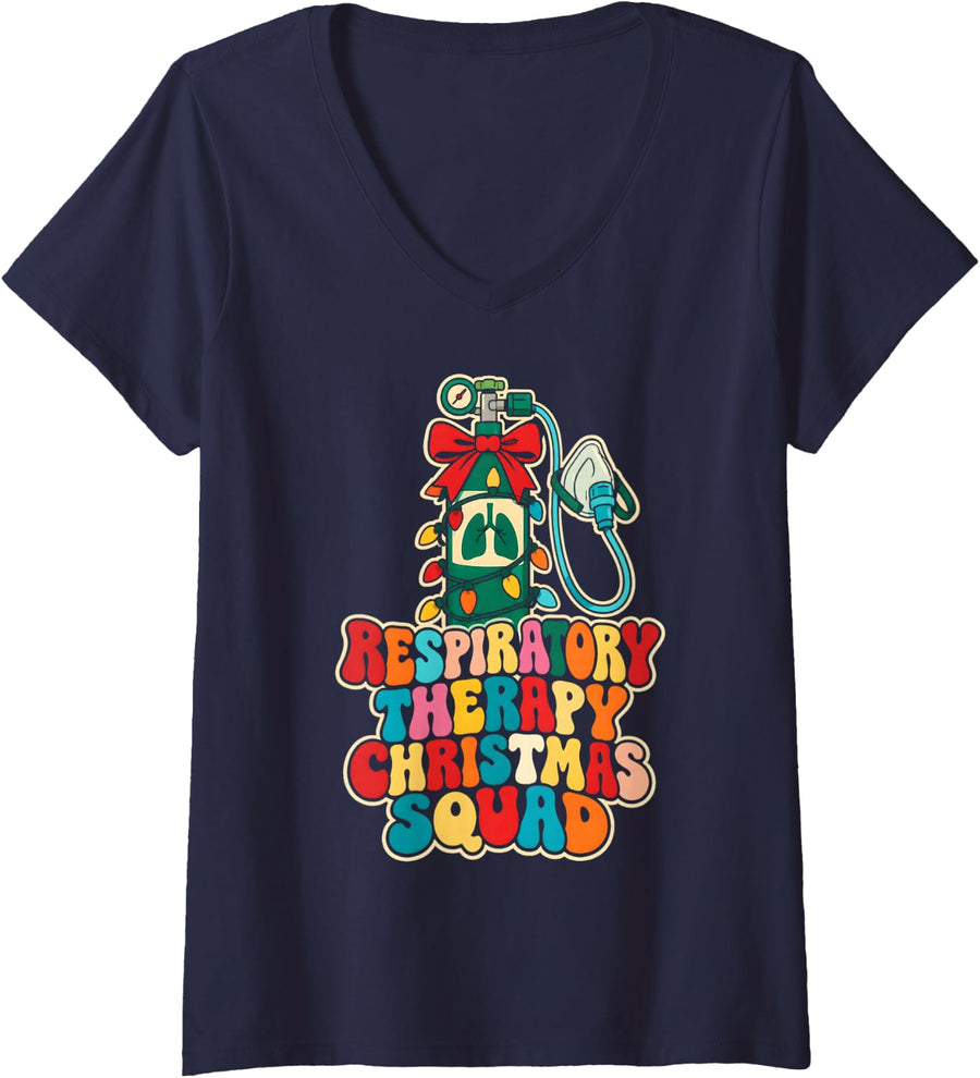 Women's Respiratory Therapist Christmas Squad Groovy 70s V-Neck T-Shirt - Navy Blue