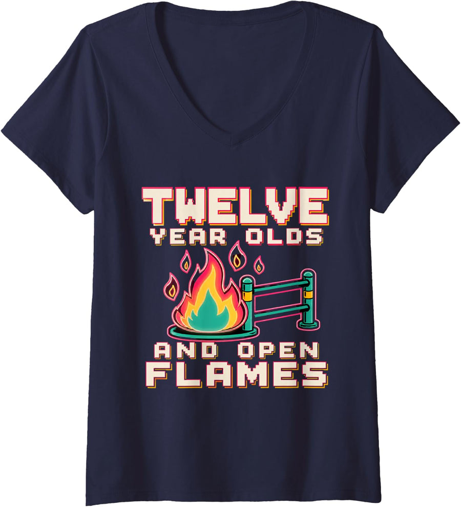 Women's Twelve Year Olds and Open Flames Science Teacher Gift V-Neck T-Shirt - Navy Blue
