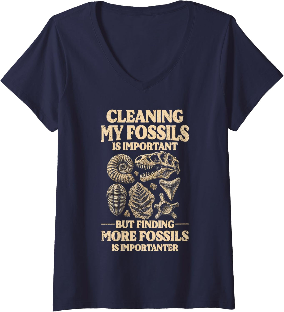 Women's Funny Fossil Hunting Paleontologist Fossil Hunter V-Neck T-Shirt - Navy Blue