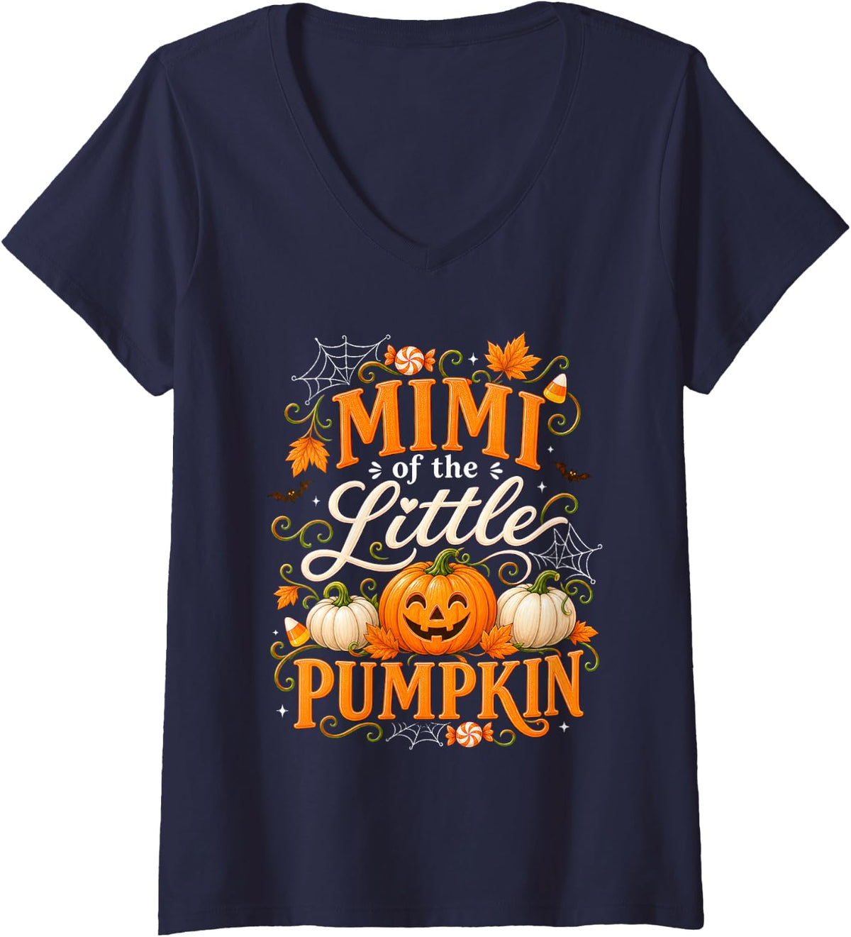 Women's Mimi of the Little Pumpkin Halloween Autumn Family Moments V-Neck T-Shirt - Navy Blue