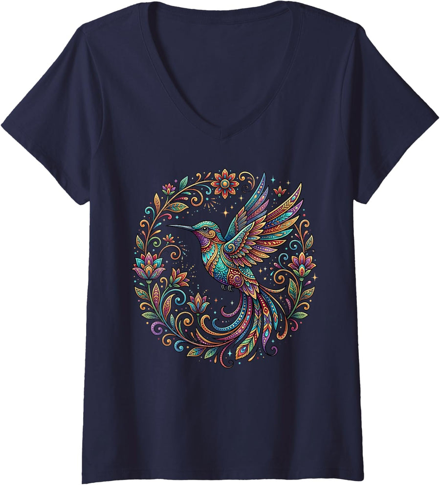 Women's Intricate Multicolored Hummingbird with Ornate Floral Wreath V-Neck T-Shirt - Navy Blue