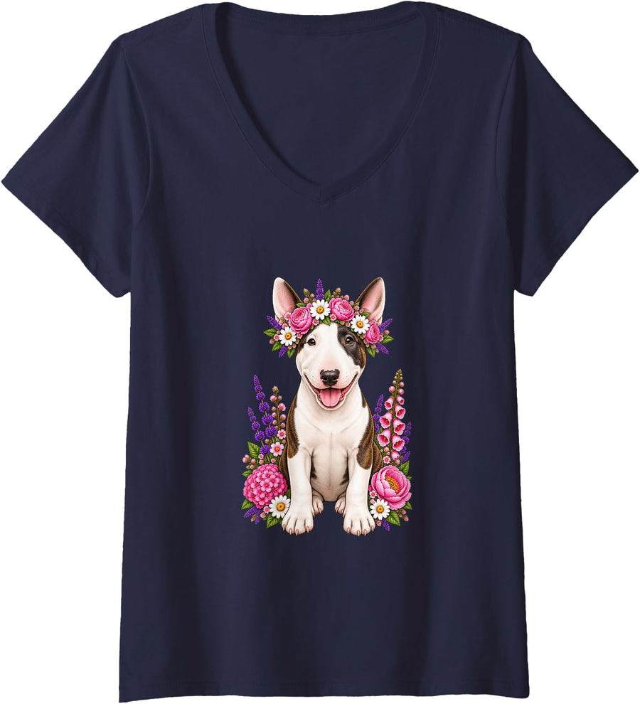 Women's Bull Terrier Cute Floral Puppy Crown Flowers Adorable Dog V-Neck T-Shirt - Navy Blue