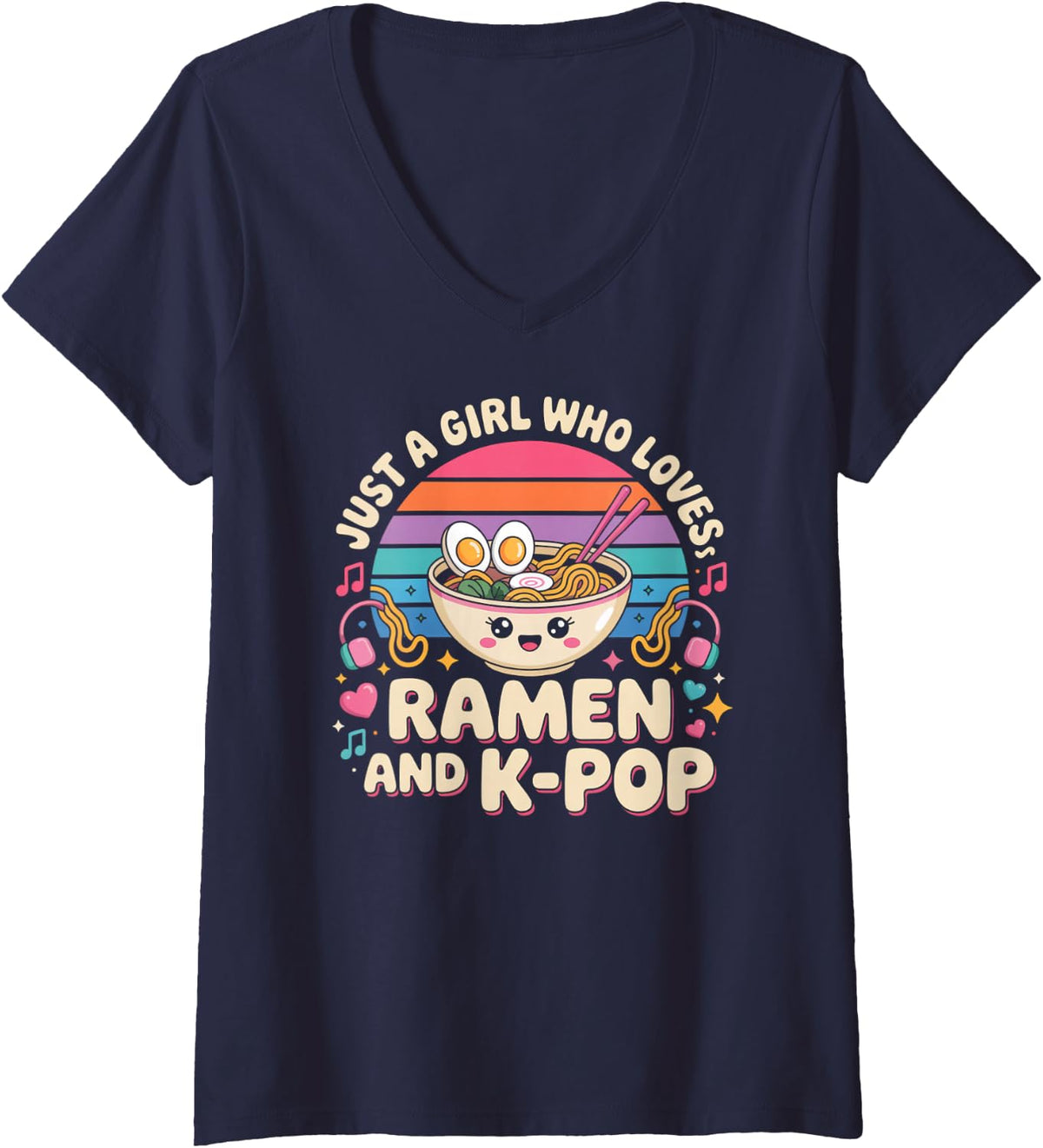 Women's Just A Girl Who Loves Ramen and K-Pop Fans V-Neck T-Shirt - Navy Blue