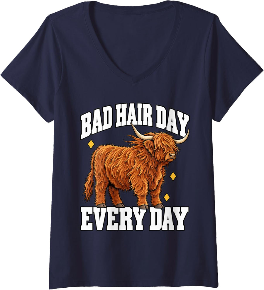 Women's Highland Cow Bad Hair Day Every Day Cattle Funny Fan Owner V-Neck T-Shirt - Navy Blue