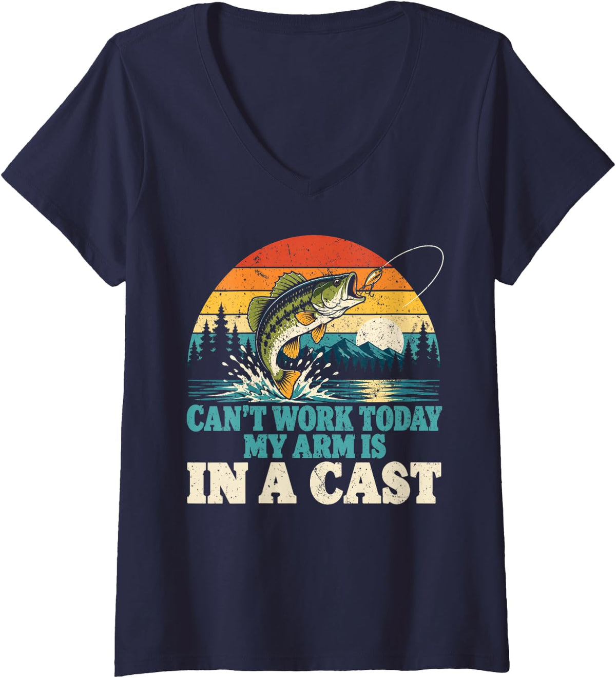Women's Can't Work Today My Arm is in A Cast Bass Fishing Fisherman V-Neck T-Shirt - Navy Blue