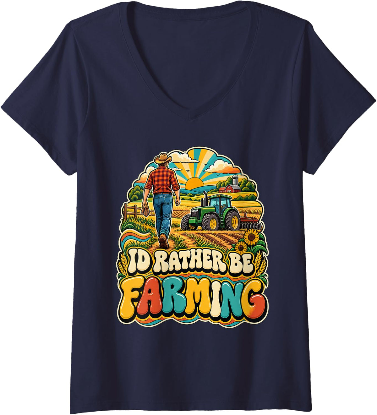 Women's I'd Rather Be Farming Funny Farmer Tractor Farm Life T-Shirt V-Neck T-Shirt - Navy Blue