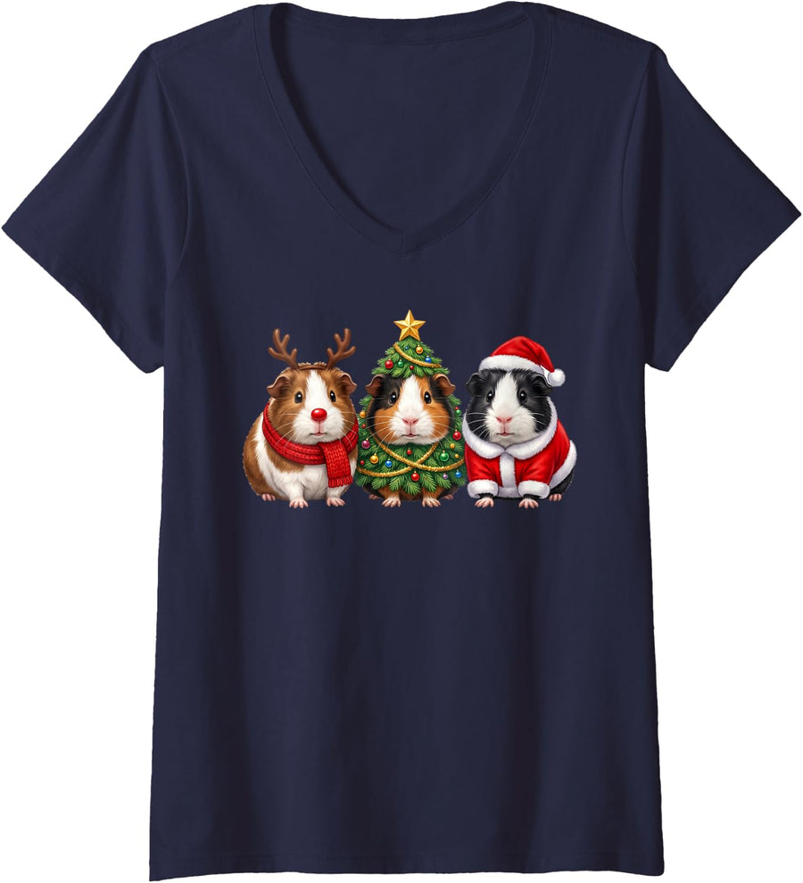 Women's Retro Christmas Guinea Pigs Santa Reindeer Animal Lover V-Neck T-Shirt - Navy Blue