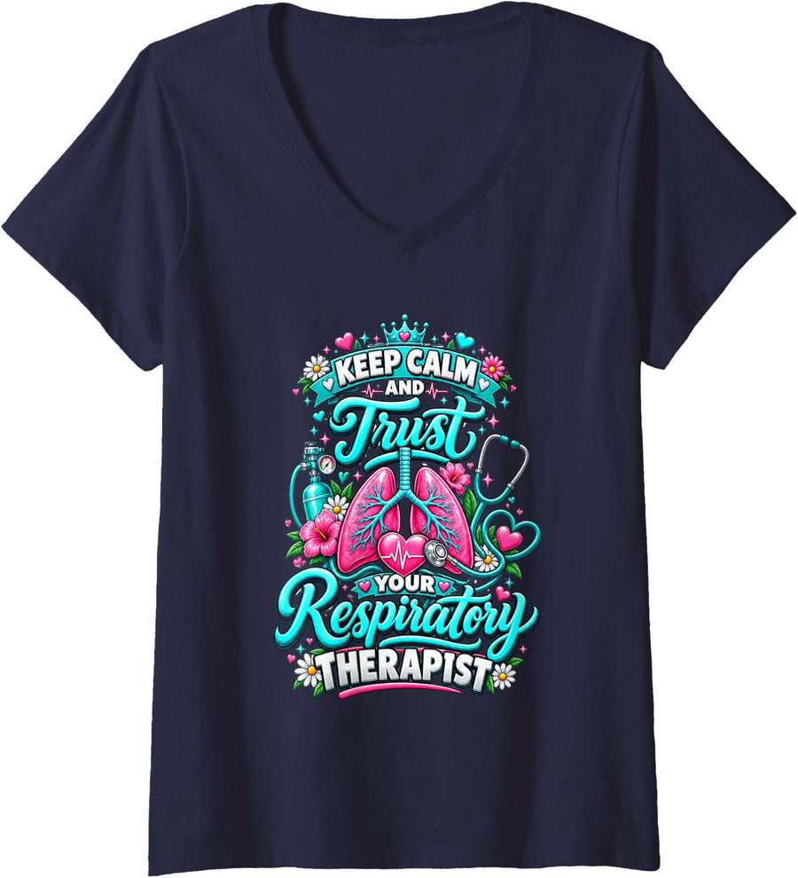 Women's Keep Calm Trust Your Respiratory Therapist RT Lung Care V-Neck T-Shirt - Navy Blue