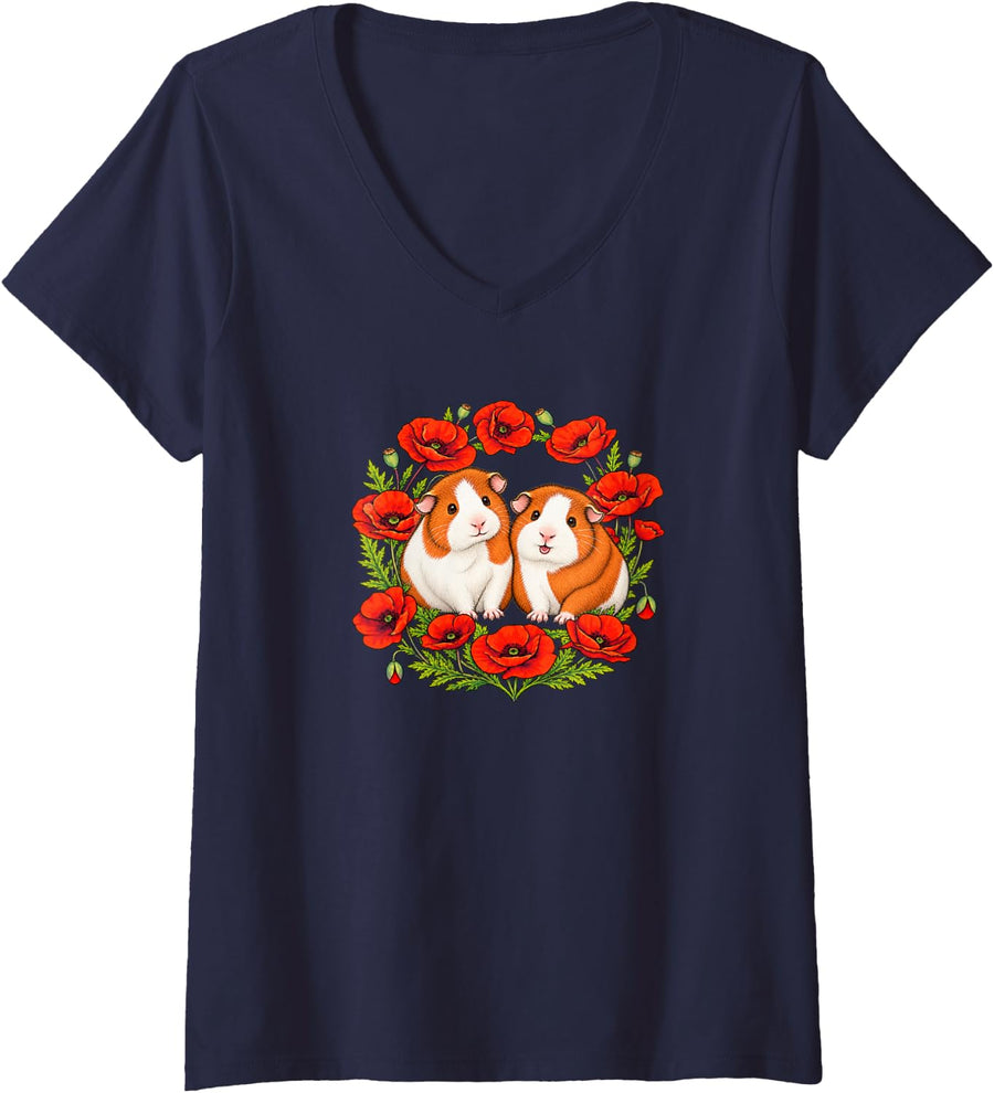 Women's Funny Womens Girls Red Poppy Flowers Floral Guinea Pig Lover V-Neck T-Shirt - Navy Blue