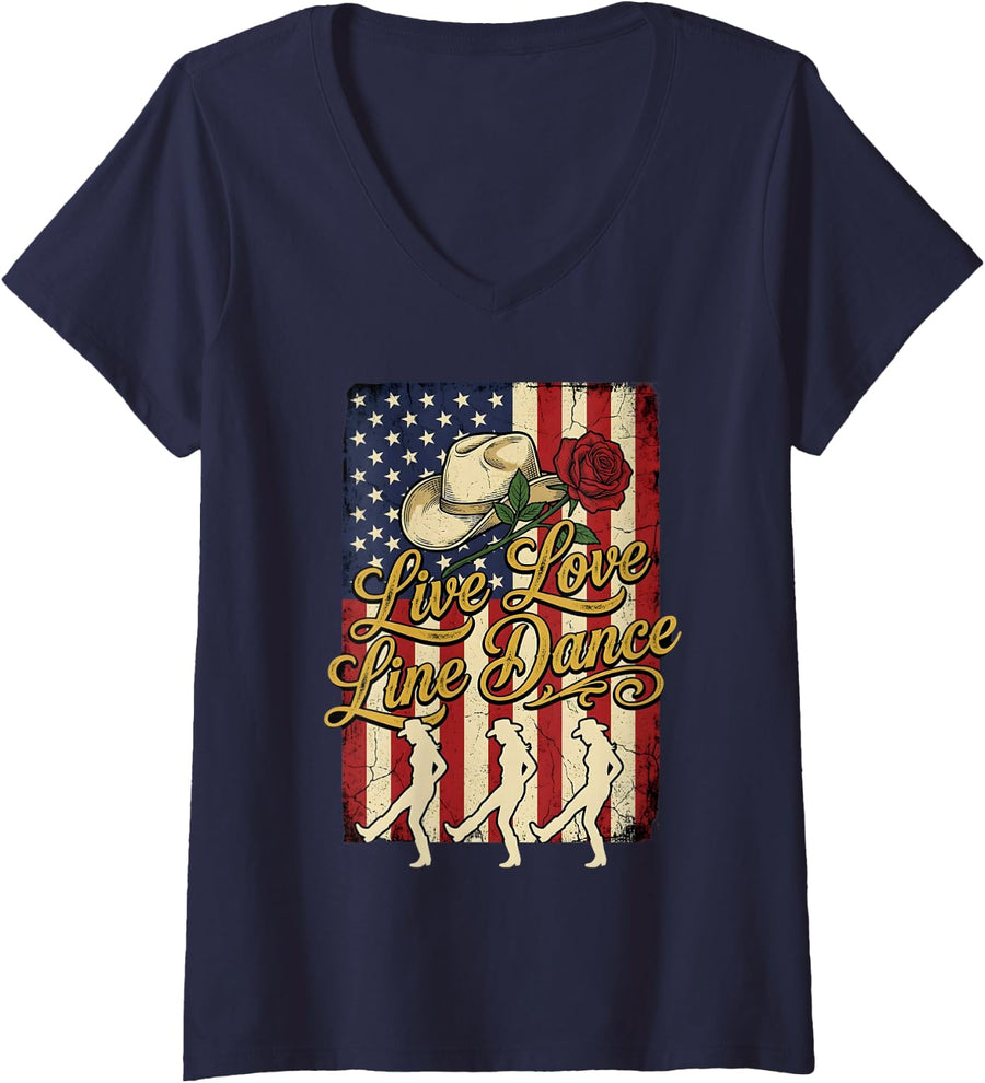 Women's Line Dance American Flag Line Dancing Line Dancer V-Neck T-Shirt - Navy Blue