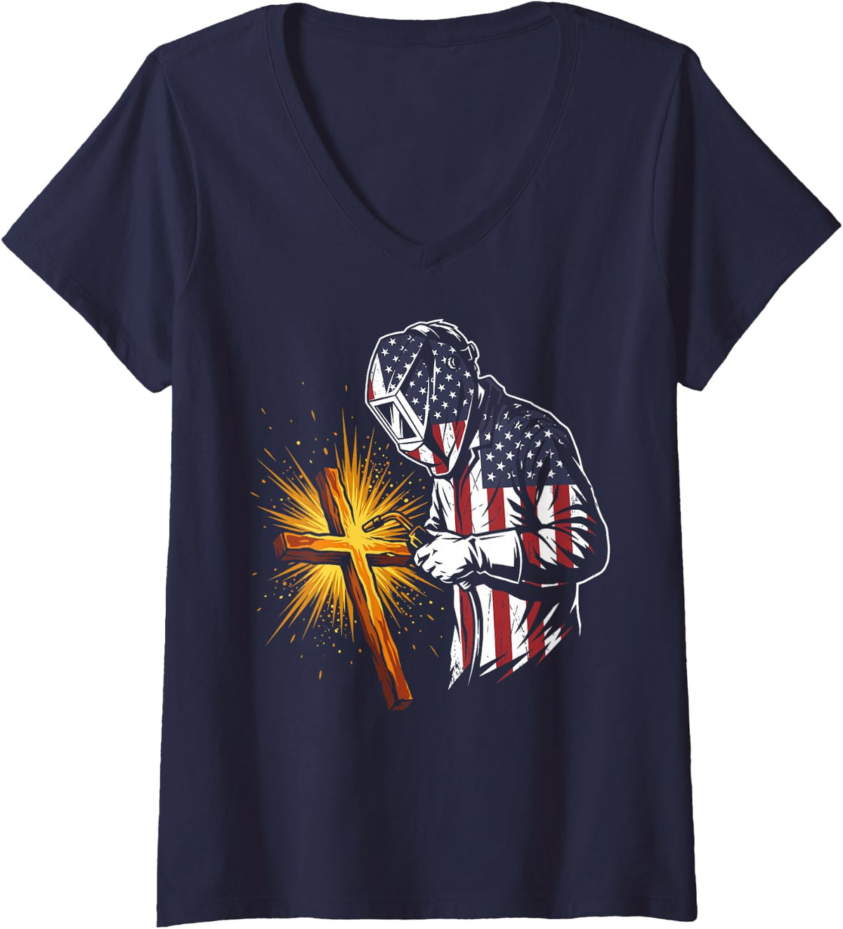 Women's US American Flag Cross Christian Welder Welding Metal Weld V-Neck T-Shirt - Navy Blue
