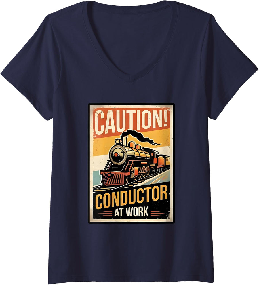 Women's Caution Conductor At Work Vintage Train Railroad V-Neck T-Shirt - Navy Blue