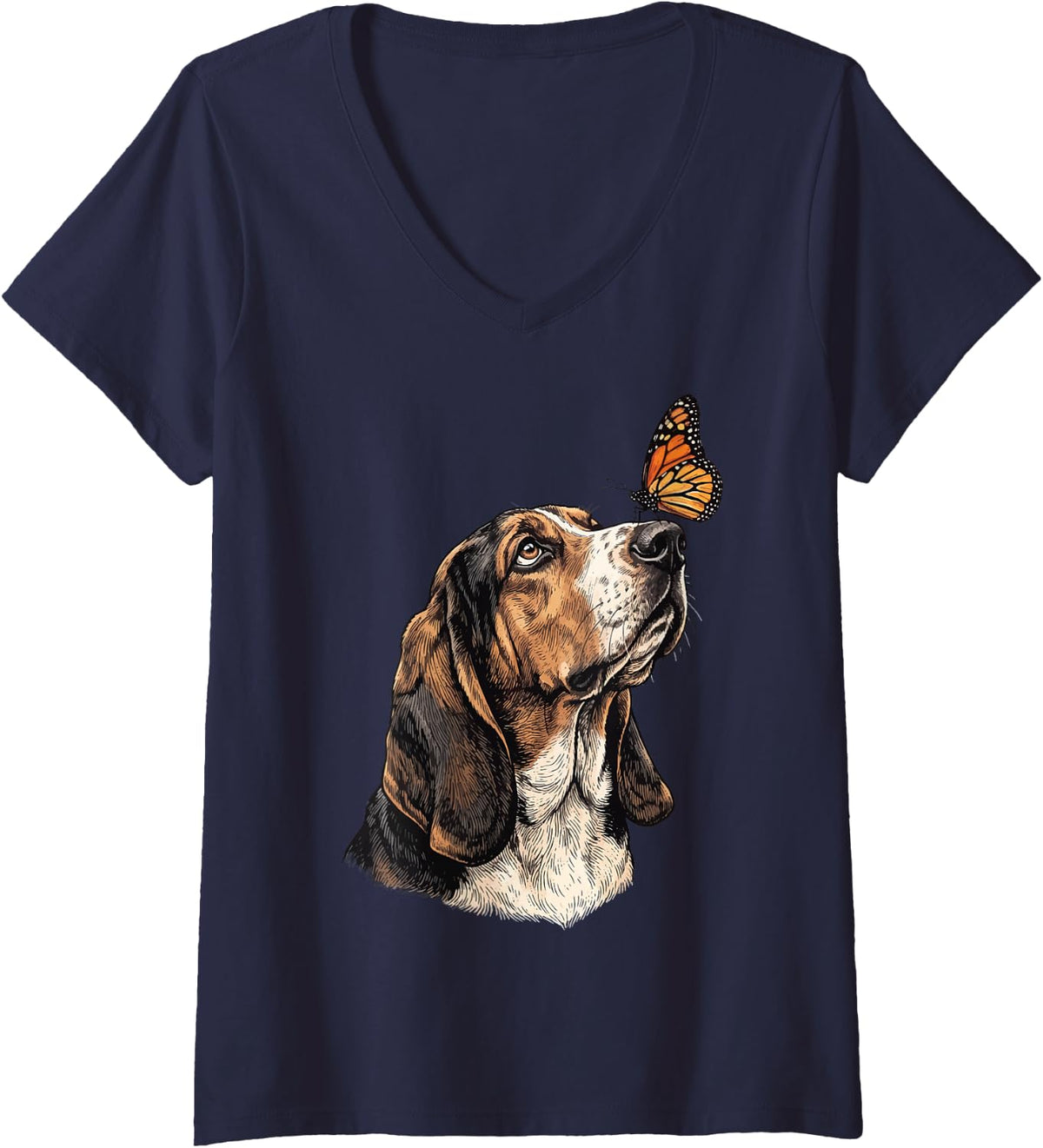 Women's Basset Hound Butterfly V-Neck T-Shirt - Navy Blue