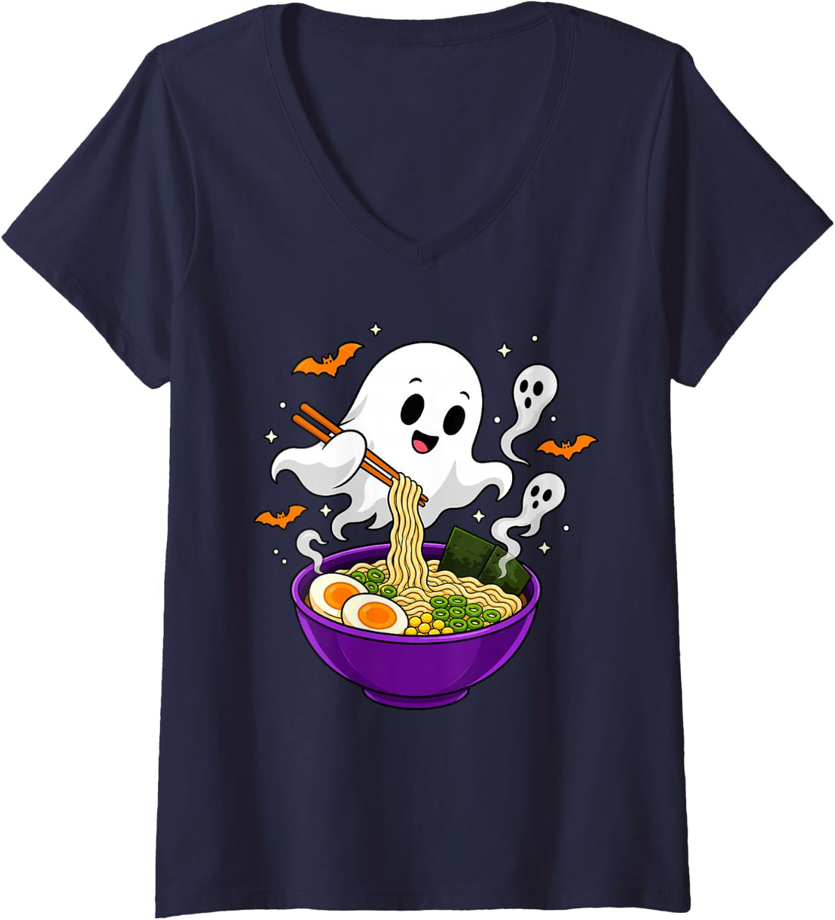 Women's Ghost Eating Ramen Halloween Kawaii Japanese Noodles V-Neck T-Shirt - Navy Blue