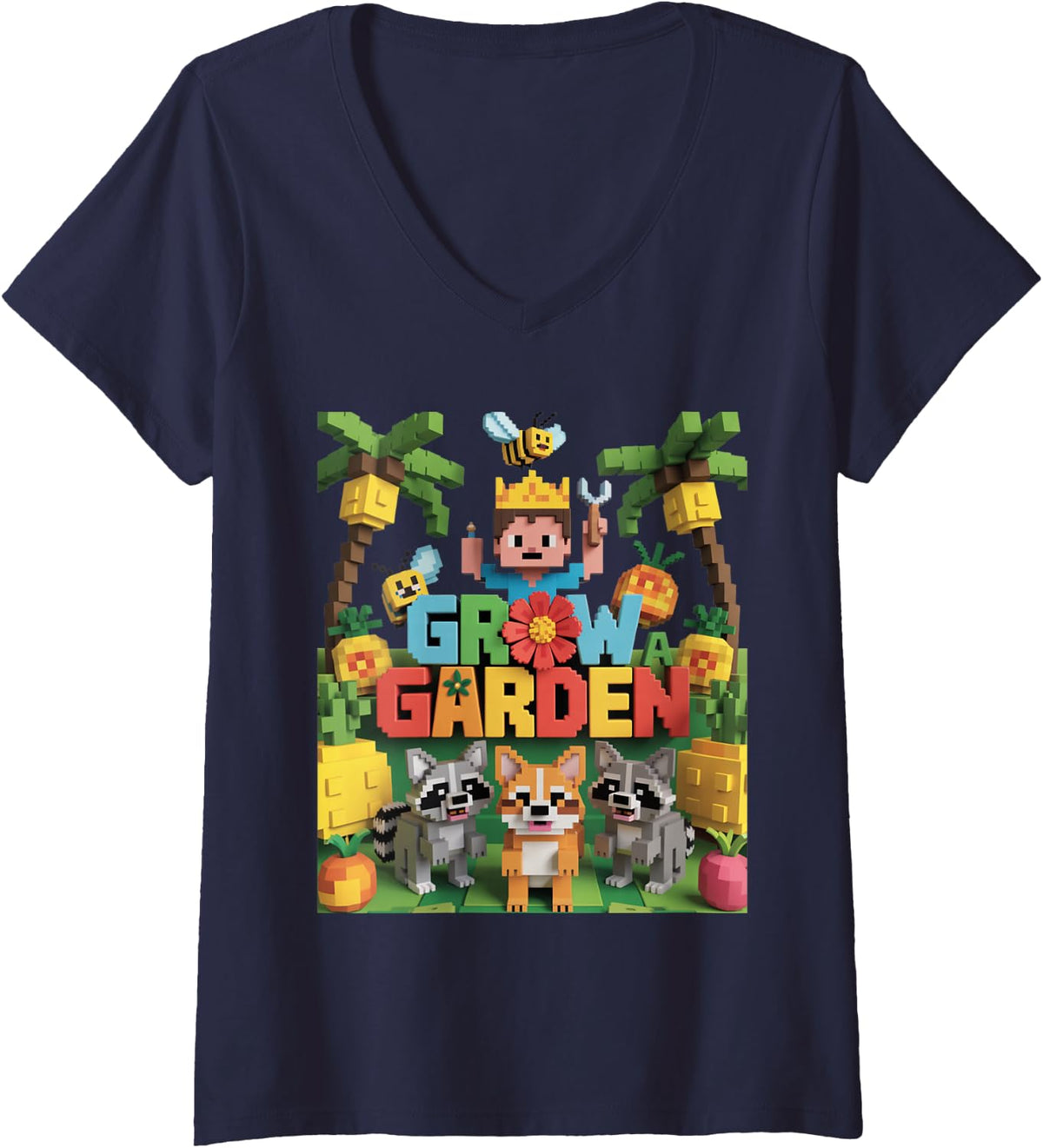 Women's Grow a Garden – Pixel Animal Farm Adventure V-Neck T-Shirt - Navy Blue