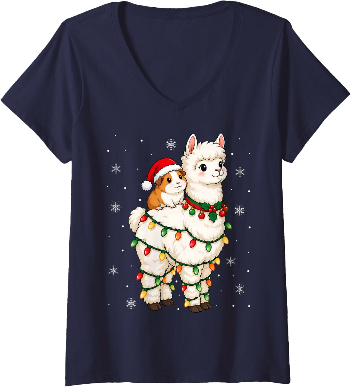Women's Festive Santa Guinea Pig Alpaca Christmas Lights Holiday V-Neck T-Shirt - Navy Blue
