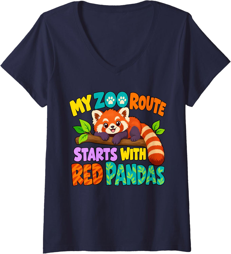 Women's Zoo Route Red Pandas Zoo Trip Jungle Animal Safari Zoo Day V-Neck T-Shirt - Navy Blue