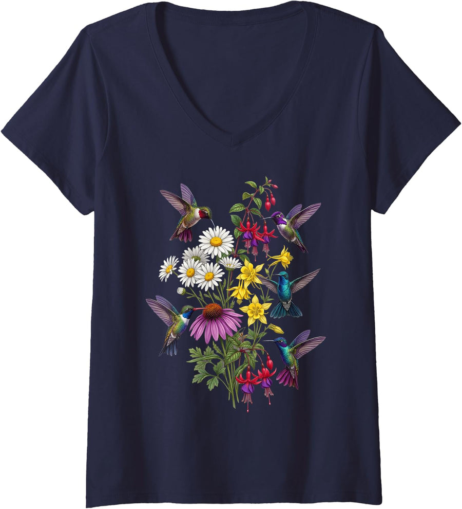 Women's Detailed Hummingbirds and Wildflowers Botanical V-Neck T-Shirt - Navy Blue