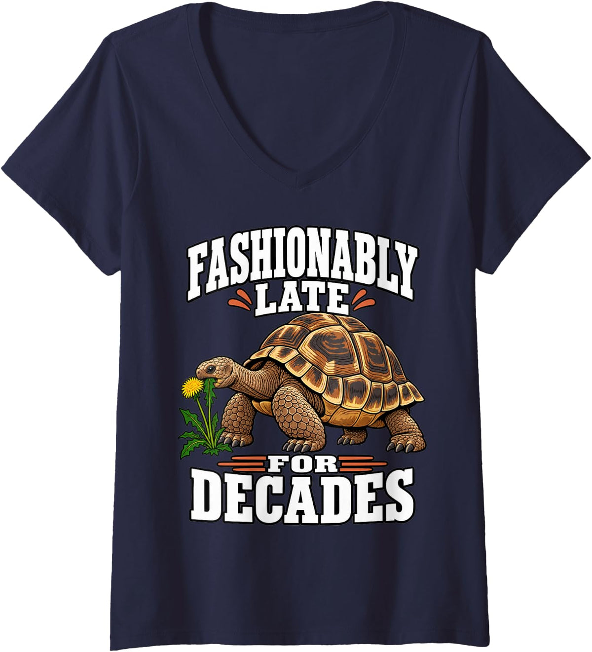 Women's Tortoise Fashionably Late for Decades Turtle Lover Sulcata V-Neck T-Shirt - Navy Blue