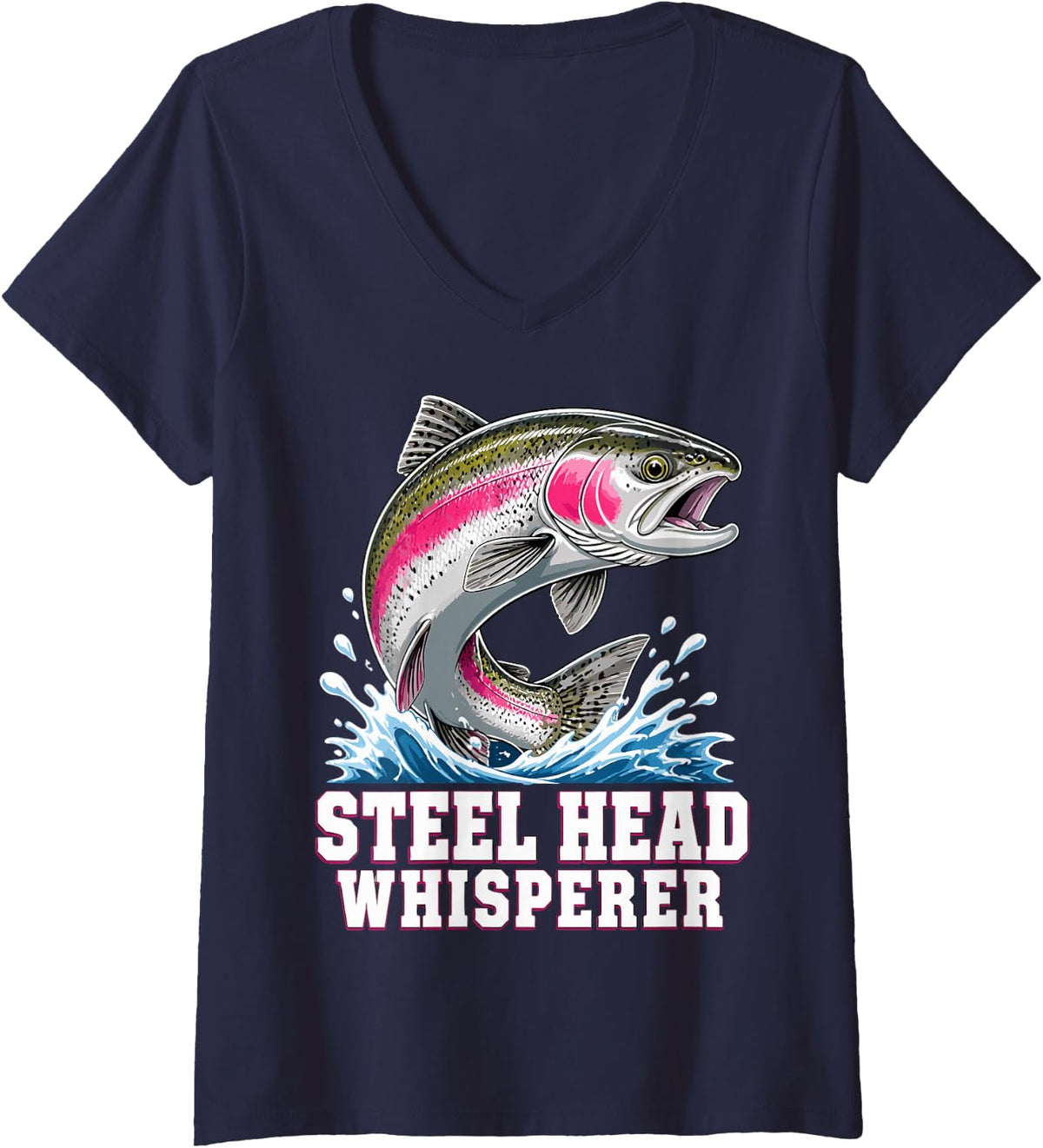 Women's Steelhead Fisherman River Fishing V-Neck T-Shirt - Navy Blue