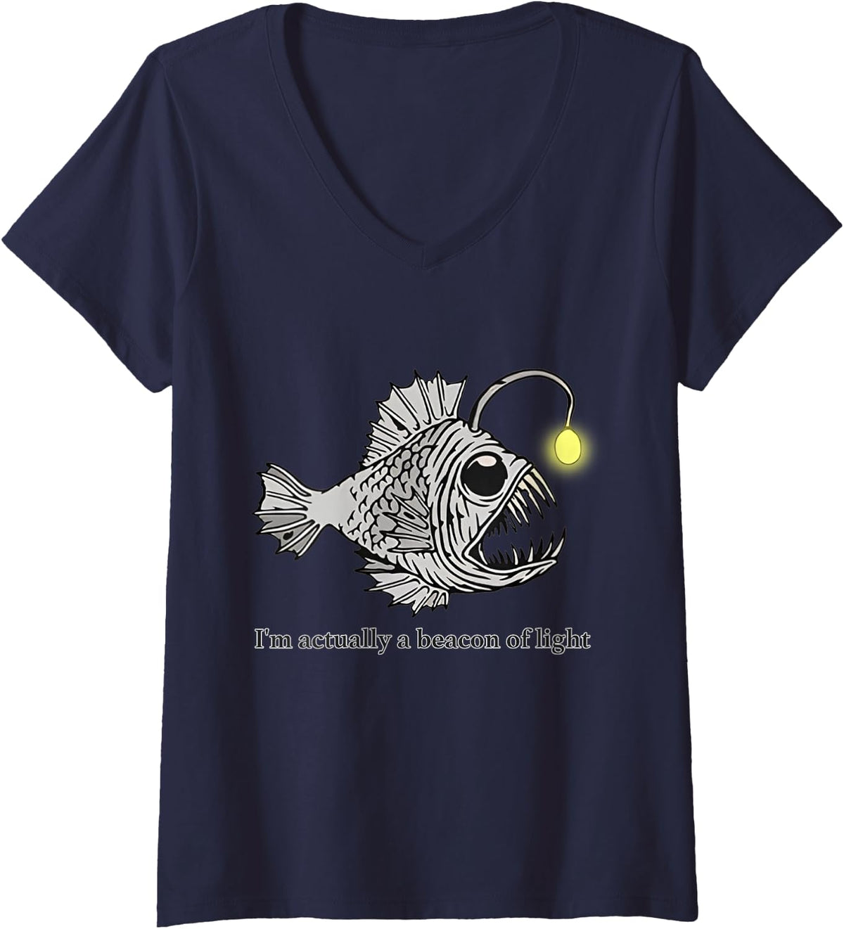 Women's Funny Anglerfish Deep Sea Humor V-Neck T-Shirt - Navy Blue