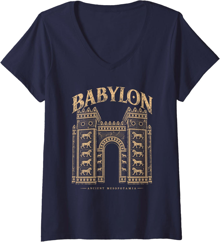 Women's Babylon Ishtar Gate Ancient Mesopotamia History Archaeology V-Neck T-Shirt - Navy Blue