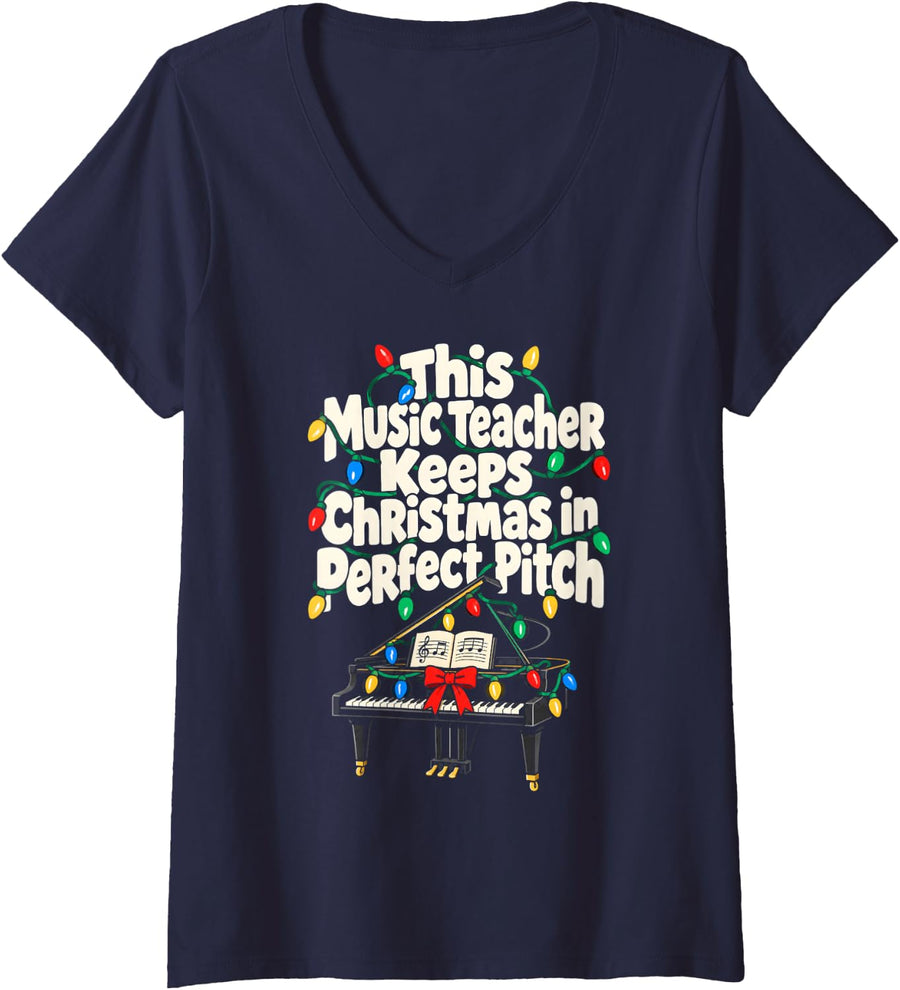 Women's Music Teacher Christmas Perfect Pitch Grand Piano V-Neck T-Shirt - Navy Blue