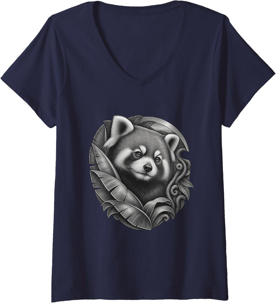 Women's Lesser Panda with Ribbed Leaves Curled Vines and Hills V-Neck T-Shirt - Navy Blue