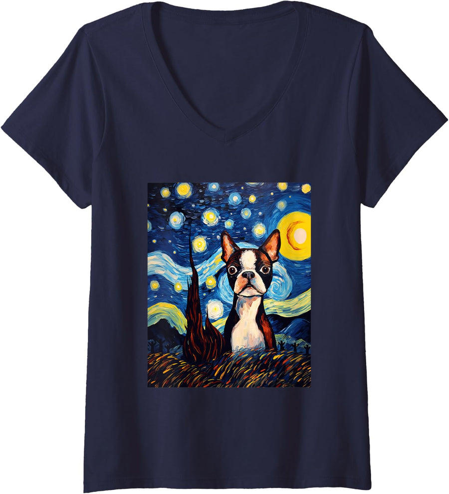 Womens Boston Terrier Starry Night Van Gogh Art V-Neck T-Shirt - Navy Blue