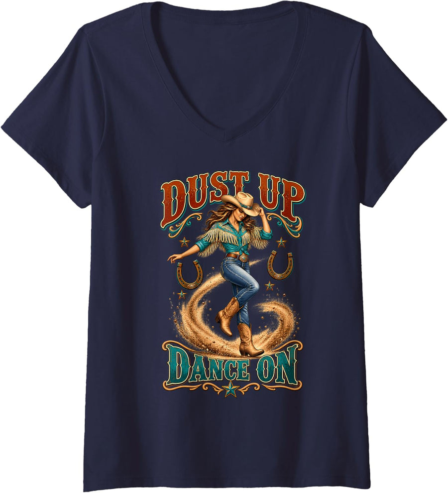 Women's Dust Up Dance On Country Line Dance Cowgirl V-Neck T-Shirt - Navy Blue