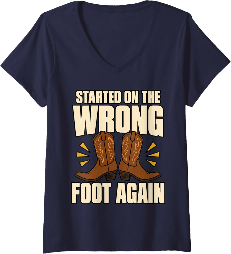 Women's Line Dancing Started On The Wrong Foot Again Boots Dance V-Neck T-Shirt - Navy Blue