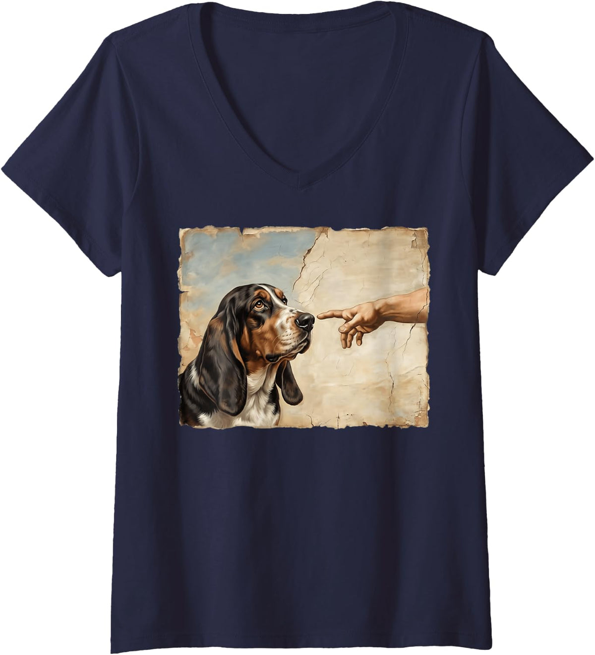 Women's Basset Hound The Creation V-Neck T-Shirt - Navy Blue