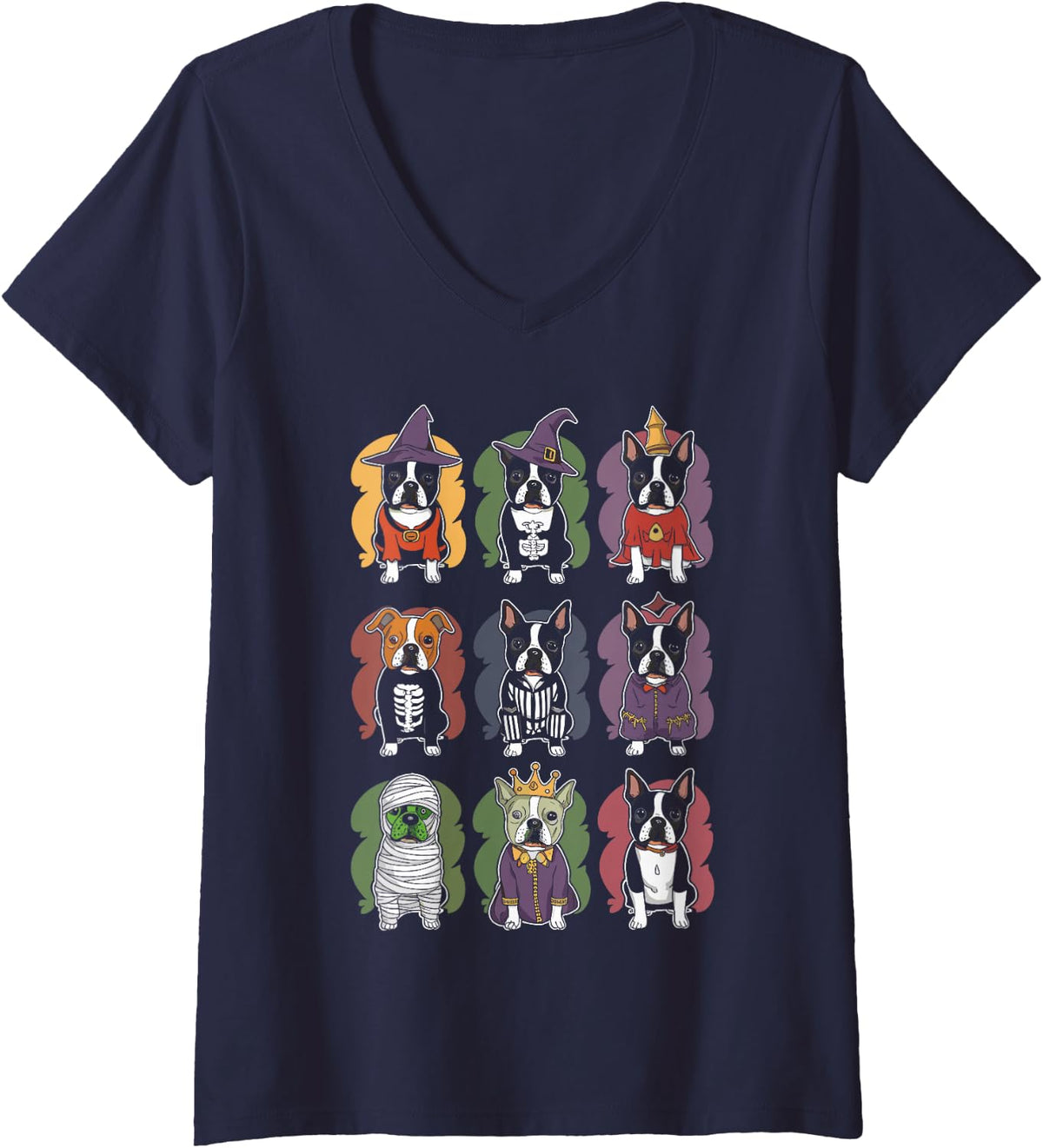 Women's Halloween Boston Terrier Costume V-Neck T-Shirt - Navy Blue