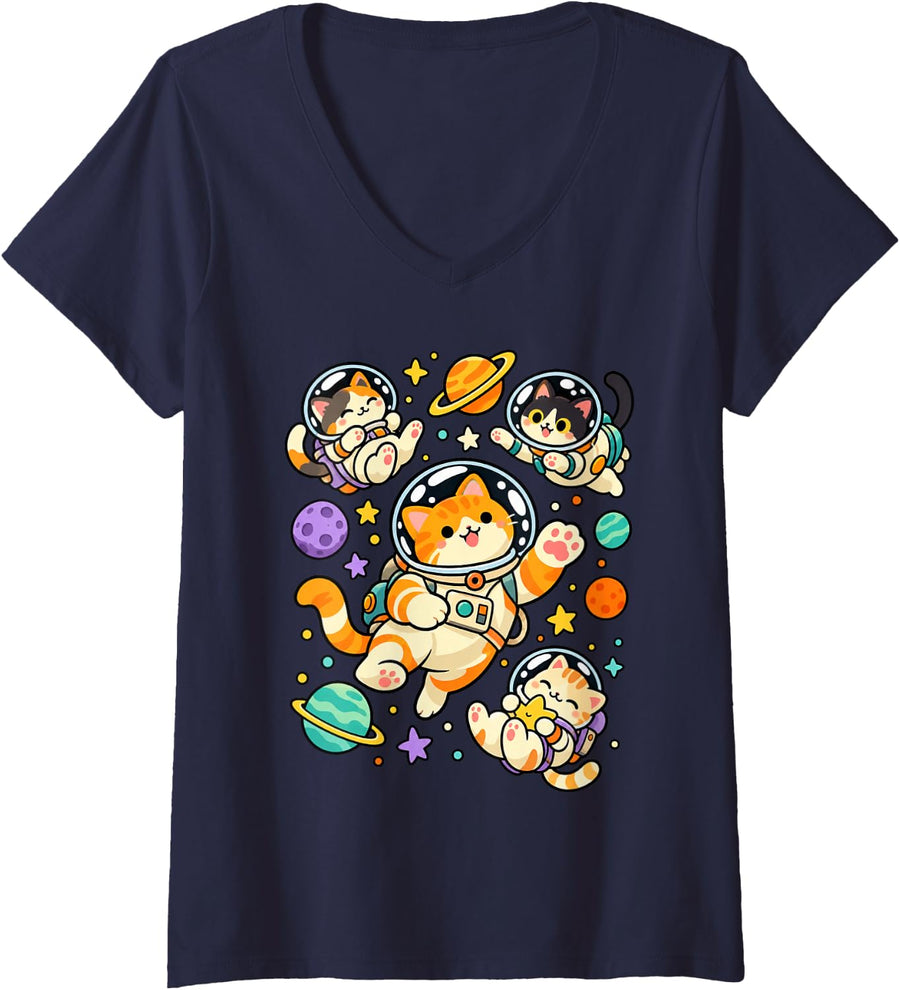 Women's Space Cats Astronaut Kittens - Cute Calico & Tabby in Orbit V-Neck T-Shirt - Navy Blue