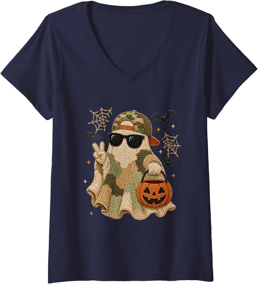 Women's Camouflage Spooky Season Camo Ghost Halloween V-Neck T-Shirt - Navy Blue