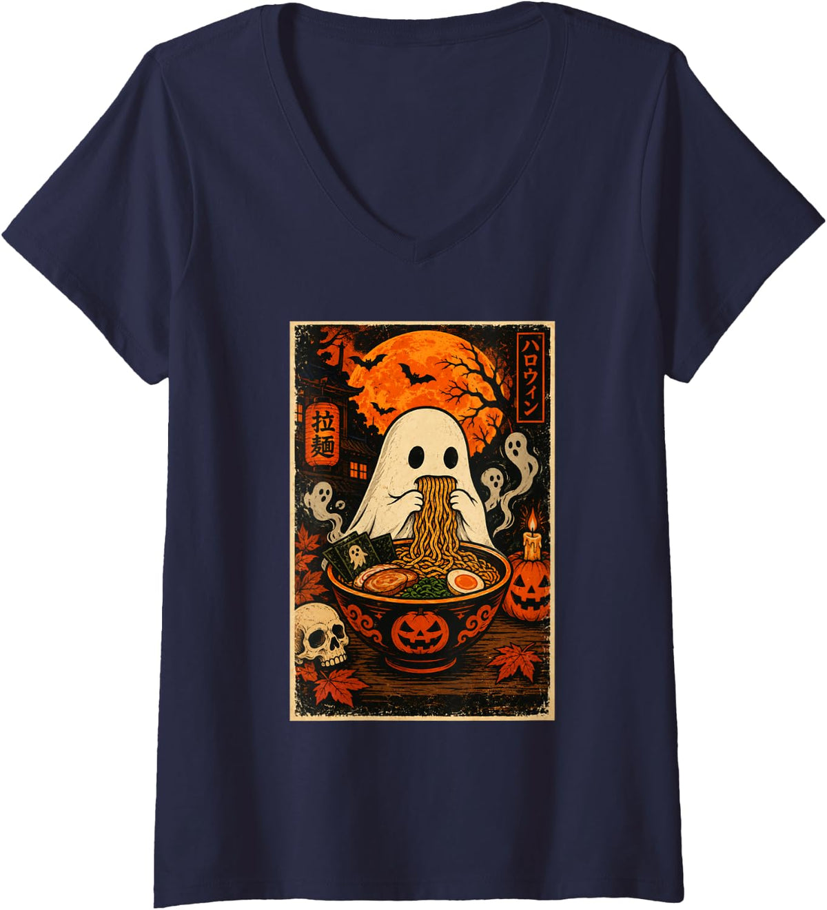 Women's Kawaii Ghost Eating Ramen Noodles Japanese Halloween V-Neck T-Shirt - Navy Blue