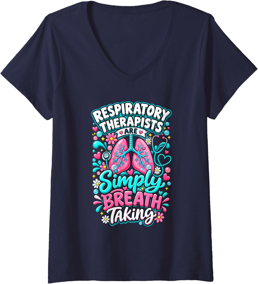 Women's Respiratory Therapists Simply Breath Taking RT V-Neck T-Shirt - Navy Blue