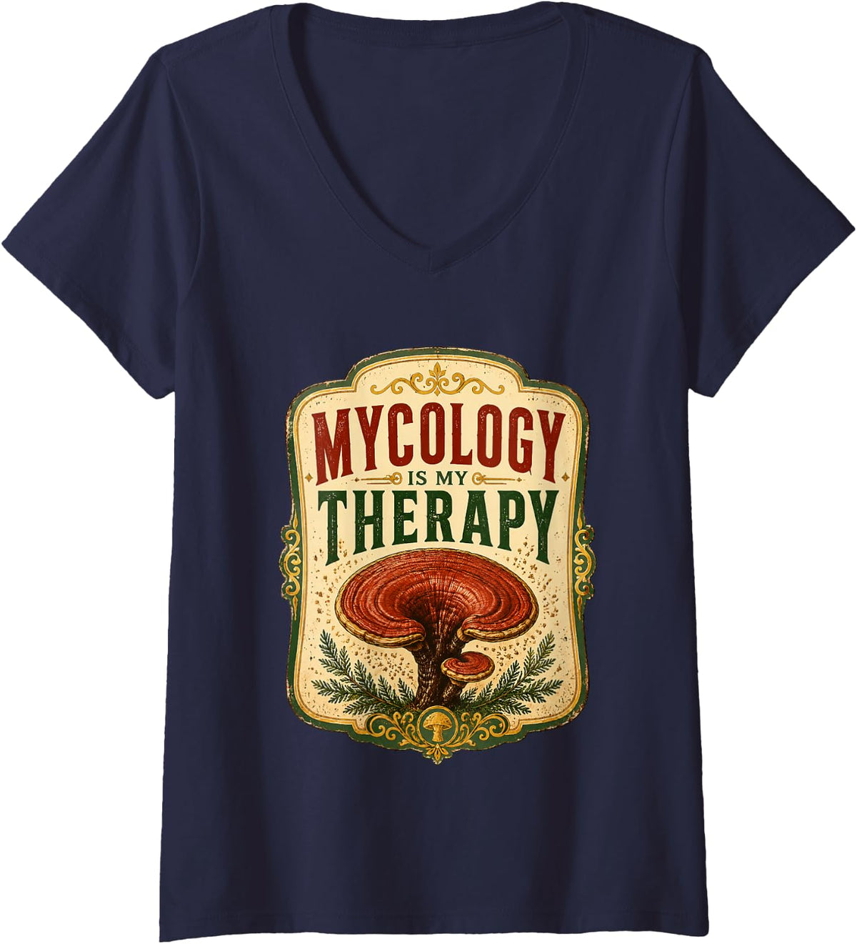 Women's Mycology is My Therapy Reishi Mushroom Forager V-Neck T-Shirt - Navy Blue