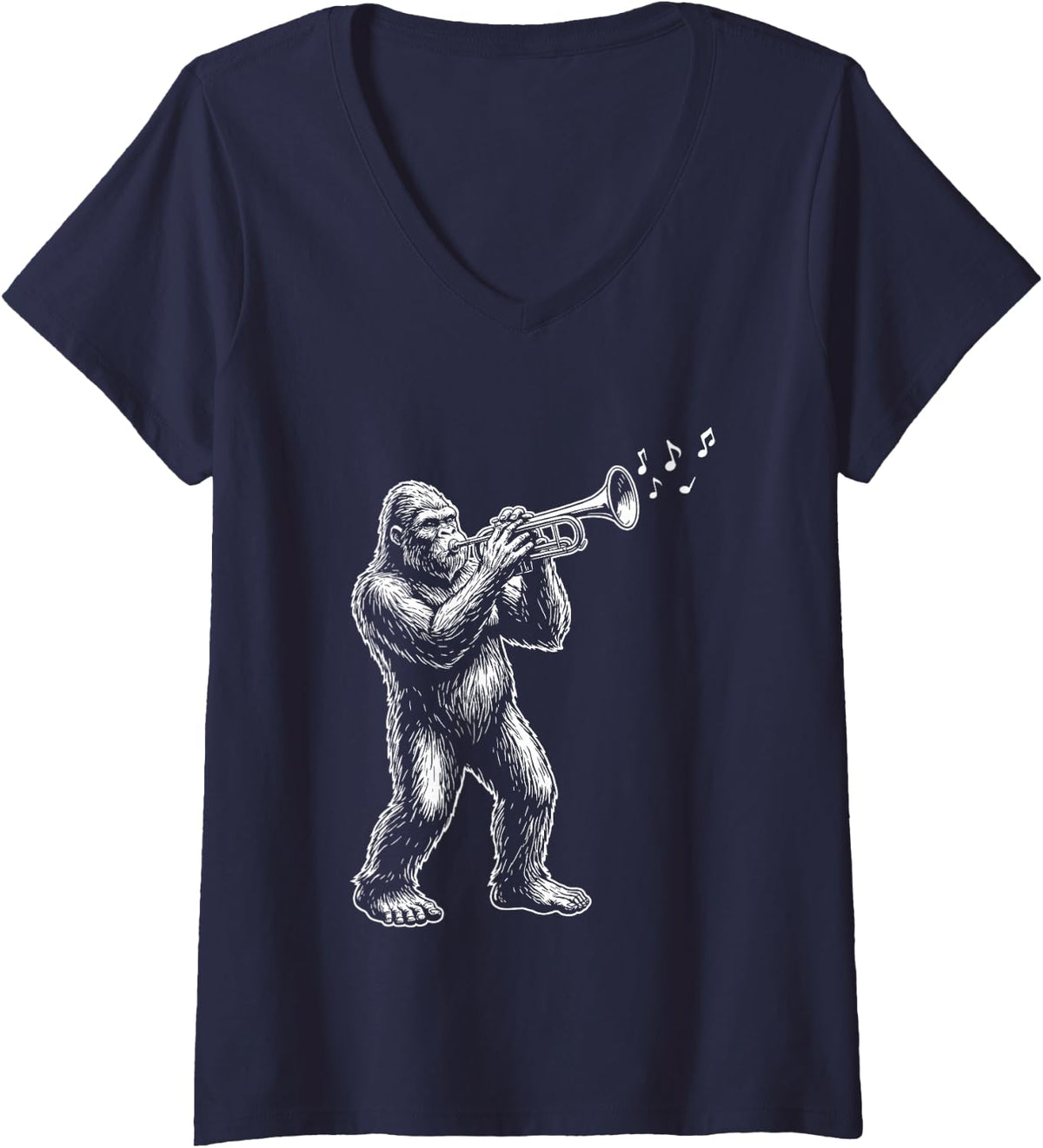 Women's Trumpet Player Bigfoot Sasquatch Big Band Mariachi V-Neck T-Shirt - Navy Blue