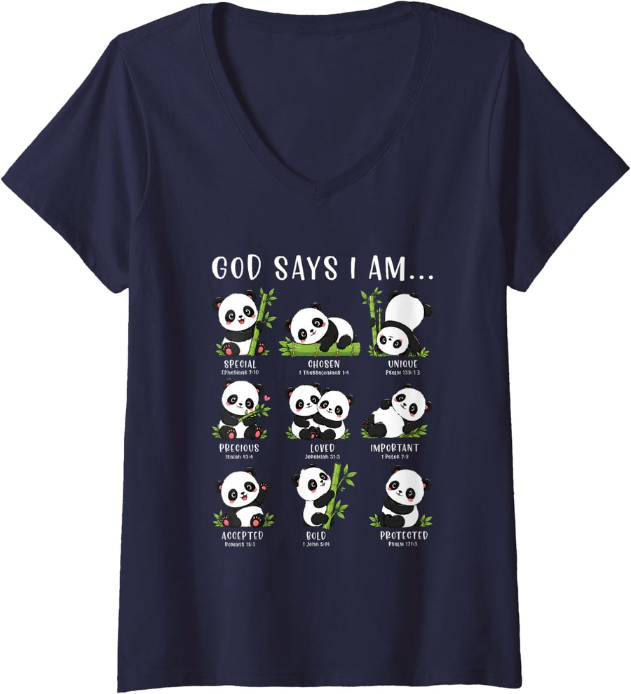 Women's God Says Im Special Chosen Loved Christian Panda Bible Faith V-Neck T-Shirt - Navy Blue