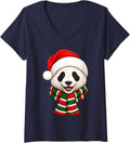 Women's Panda Christmas Santa Hat Scarf Fun Panda Animal Lover Xmas V-Neck T-Shirt - Navy Blue