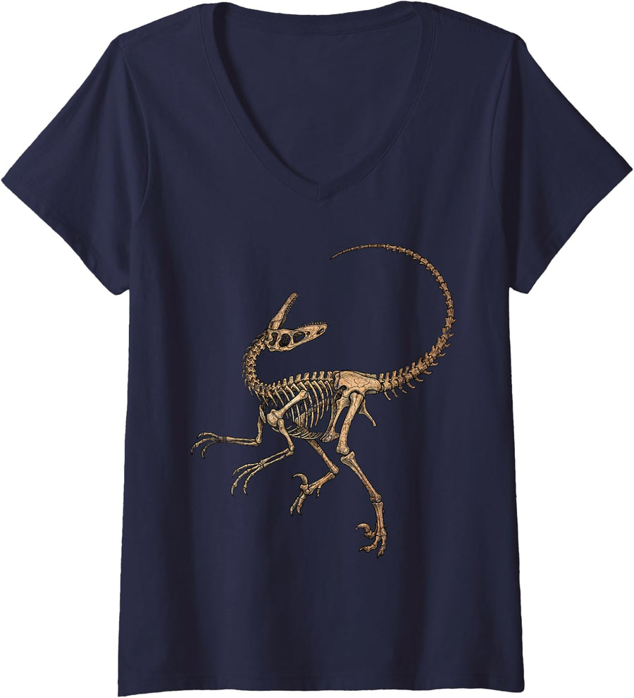 Women's Velociraptor Dinosaur Skeleton Fossil Bones Paleontology V-Neck T-Shirt - Navy Blue