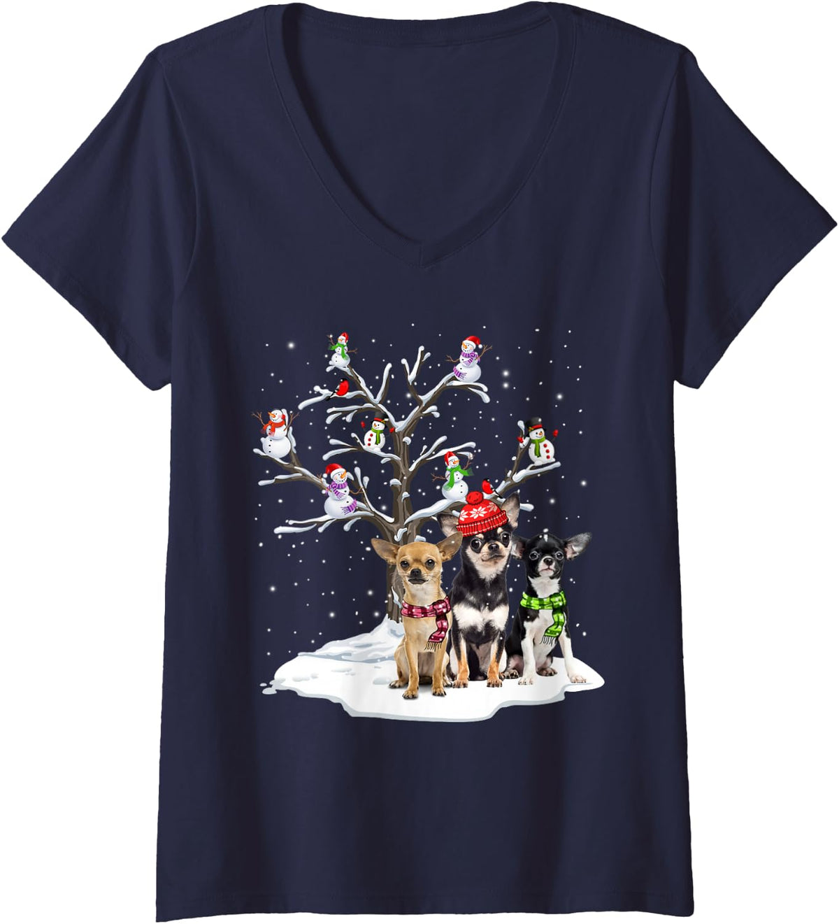 Women's Chihuahua Christmas Snow Tree Snow Man Funny Dog Lover Gift V-Neck T-Shirt - Navy Blue