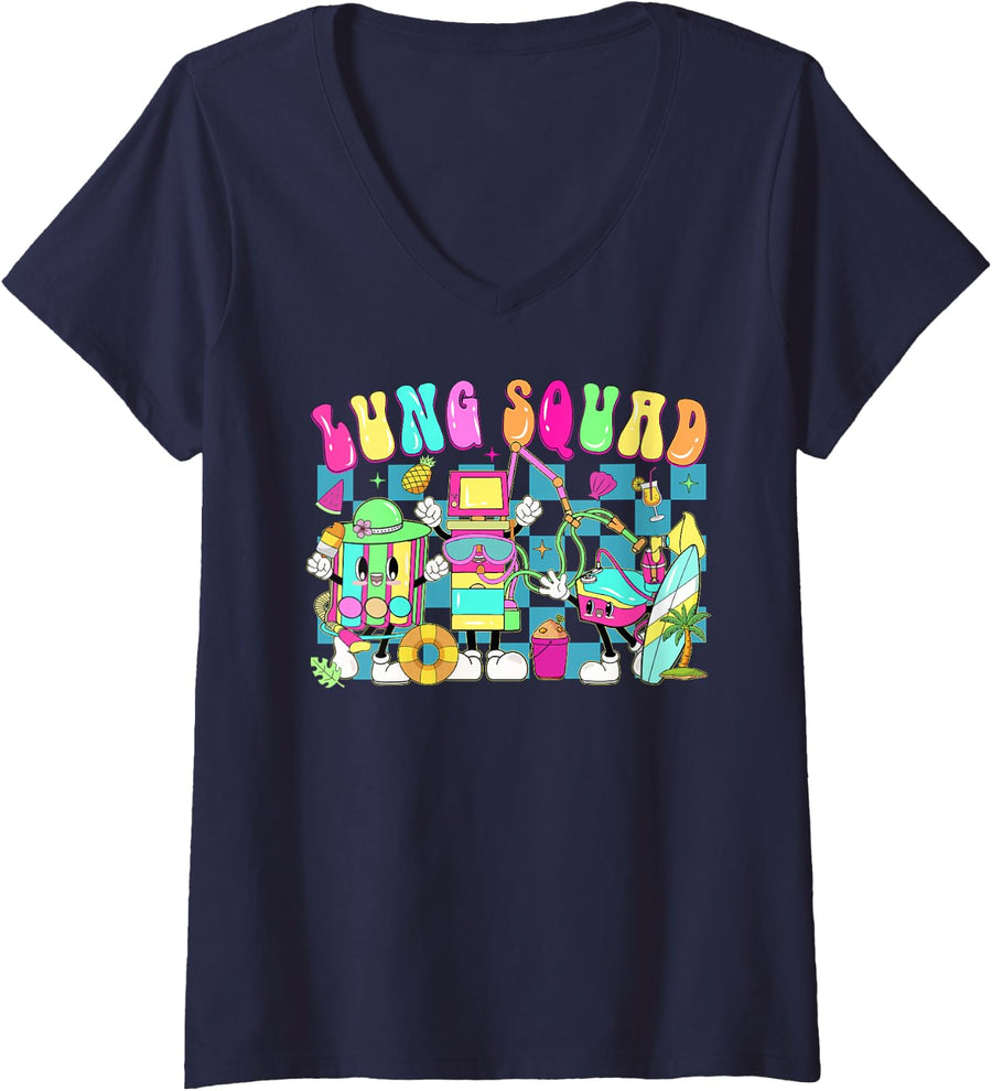 Women's Retro Lung Squad Summer Vibe Float Respiratory Therapist V-Neck T-Shirt - Navy Blue