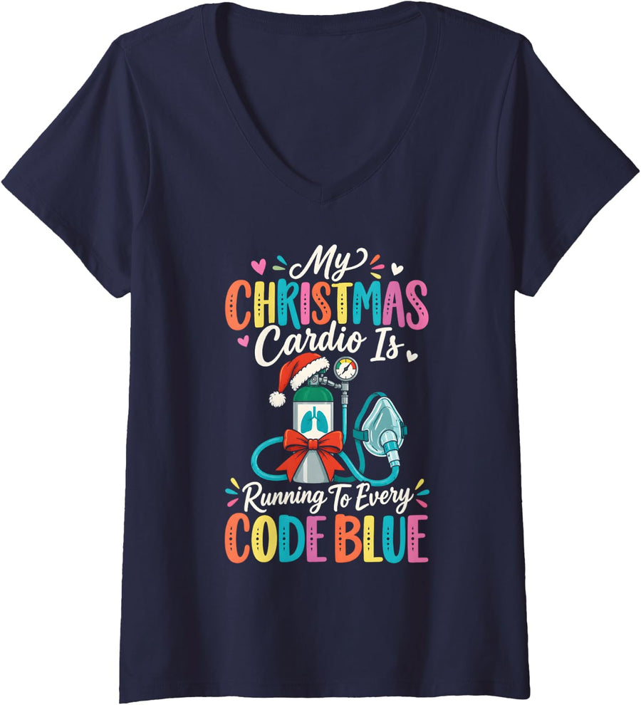 Women's Respiratory Therapist Christmas Cardio Code Blue Funny RT V-Neck T-Shirt - Navy Blue